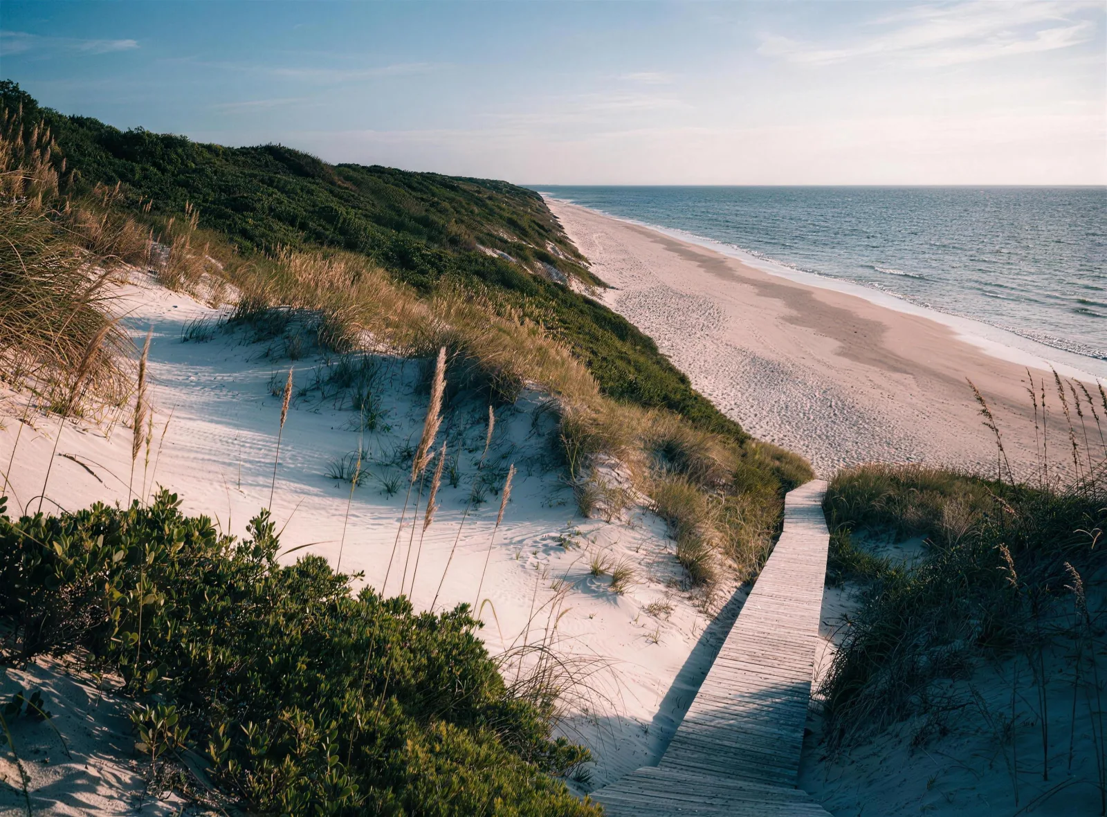 View over tall vegetated dunes and a boardwalk descending to a quiet gulf beach