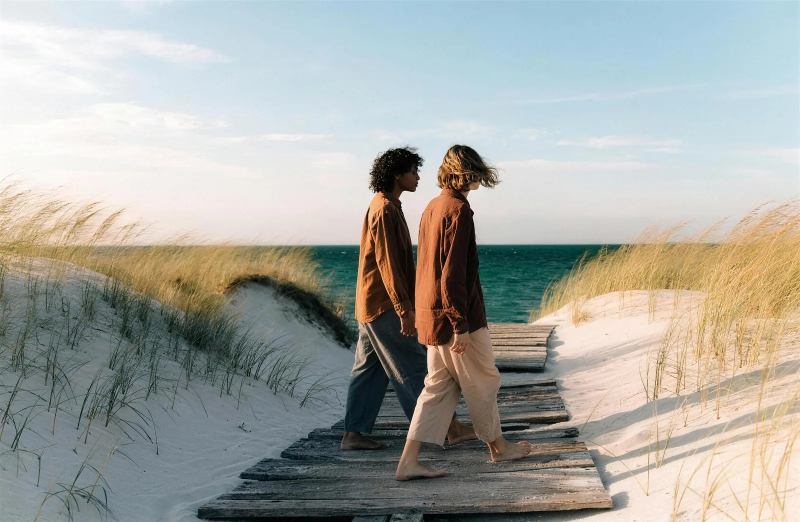 A couple walking a weathered boardwalk over tall dunes toward the Gulf